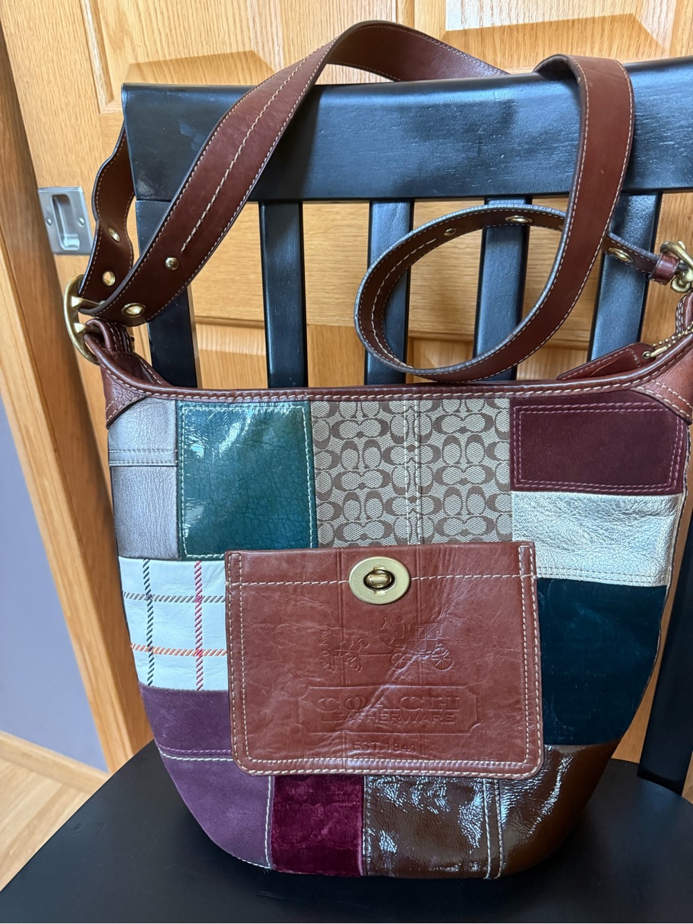 Coach Patchwork Leather & Fabric Shoulder Bag - Brown, Burgundy, Green, Navy